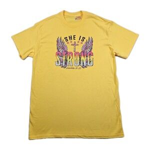 She Is Strong Cross Wings Proverbs 31:25 Womens M Yellow Colorful Print T Shirt